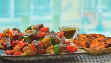 Balsamic steak skewers mixed vegetables grilled sweet potatoes